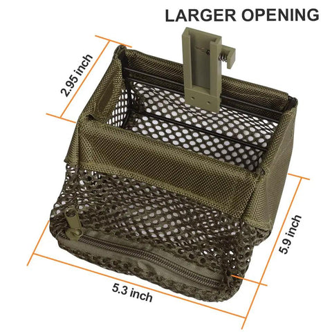Heat Resistant AR Brass Catcher Net With Quick Release Zipper And Dual Picatinny Mounts, Khaki, showing dimensions.