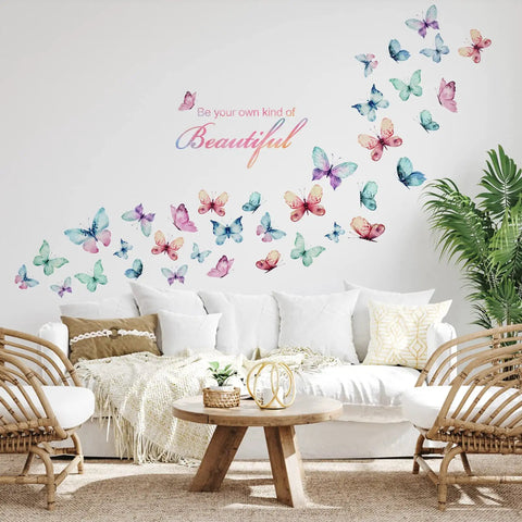Black Girl Magic Wall Decals You Are Beautiful Inspirational Stickers with Afro Butterfly Design on living room wall with sofa