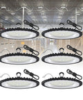 Six Pack UFO LED High Bay Light 200W 21000 Lumen 5000K With 5 Ft Power Cord US Plug installed in a warehouse