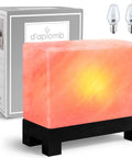 Authentic Himalayan Salt Lamp Hand Carved Modern Rectangle With Rare Pink Crystal Rock Salt Footed Wood Base Dimmer Cord And 11.5 Lb Weight For Natural Cozy Vibe And Warm Glow with packaging and bulbs