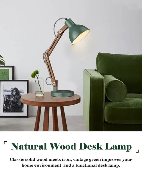 Dope LED Desk Lamp With Wireless Charger And USB C Port Sapele Wood Swing Arm Reading Light for home office or dorm bulb included