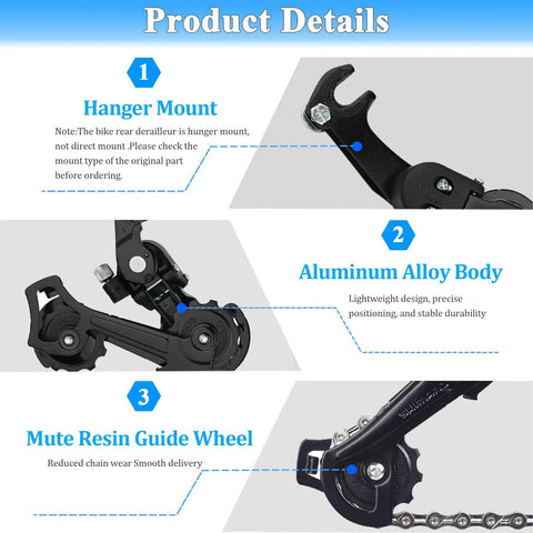 Rear Derailleur Hanger Mount RD-TZ31A details showing hanger mount, aluminum alloy body, and mute resin guide wheel.