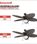 Inland Breeze Tropical 52 Inch Indoor Outdoor Ceiling Fan With Light, showing palm and wicker reversible blade styles.