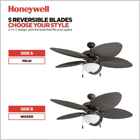 Inland Breeze Tropical 52 Inch Indoor Outdoor Ceiling Fan With Light, showing palm and wicker reversible blade styles.