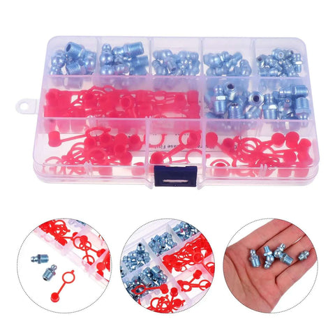 Huge 100 Pack Assorted Iron Grease Nipples With Pe Covers For Tough Hydraulics Wear Resistant Zerk Fittings Kit Super Easy Install For Cars And Work Shop Repairs, assorted in storage box