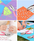 2 Pack Handheld Hole Punch Set with Heart and Star Shape Punches in use for DIY crafts, showcased on colorful paper with ergonomic handles.