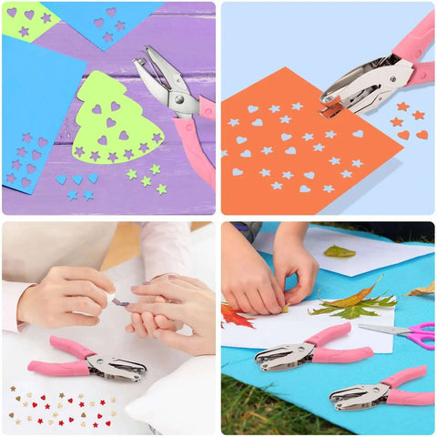 2 Pack Handheld Hole Punch Set with Heart and Star Shape Punches in use for DIY crafts, showcased on colorful paper with ergonomic handles.