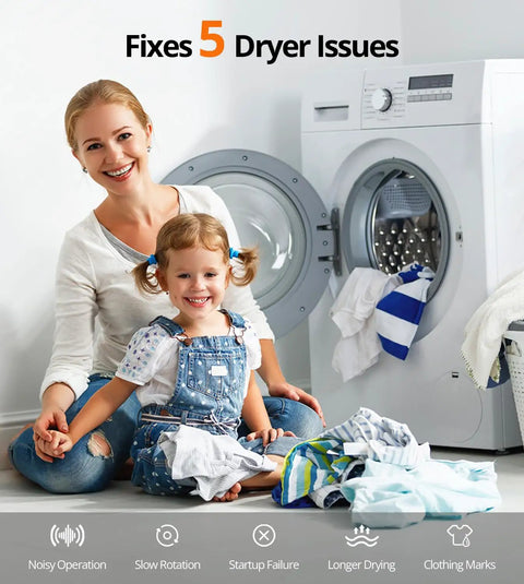 Fix Dryer Rumble With Premium Kit For LG Kenmore Ball Bearing Rollers Idler Pulley To Stop Noise Friction Using Solid Construction DIY Fix Home Save Money Restoring Smooth Operation Like New Never Breaking Again For Happy Homeowners. image of washer and child