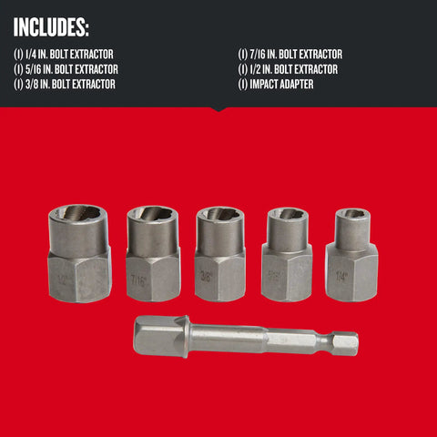 6 Piece Screw Extractor Set Universal Bolt And Nut Remover Kit with six metal extractors and impact adapter on red background.