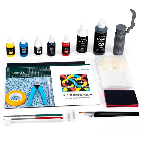All In One 3D Printing Miniatures Painting Kit with premium paints, tools, and accessories displayed on a white background.