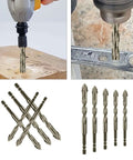 Five-piece hex-shank drill bit set with 4-tooth high-strength bits (6–12 mm), shown drilling wood and metal.