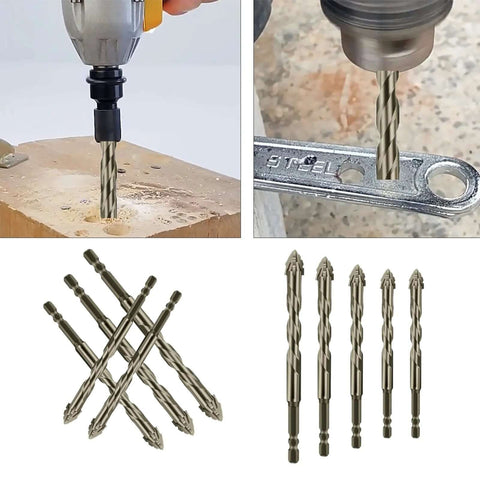 Five-piece hex-shank drill bit set with 4-tooth high-strength bits (6–12 mm), shown drilling wood and metal.