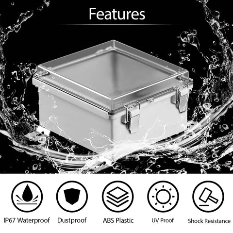 IP67 Waterproof ABS Plastic Junction Box With Clear Hinged Cover And Stainless Steel Latch, heavy duty enclosure with water splash.