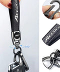Hella Durable Genuine Leather Car Keychain Compatible With Honda Accord featuring black leather strap and zinc alloy clip.