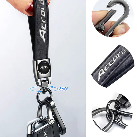 Hella Durable Genuine Leather Car Keychain Compatible With Honda Accord featuring black leather strap and zinc alloy clip.