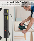 Built Tough Heavy Duty 20 Amp Power Strip With 6 Widely Spaced Outlets High Amp Surge Protector Industrial Workshop Power Strip 6 20R T Slot Circuit Breaker 12 Gauge 6ft Cord For High Current Tools mounted on workbench.