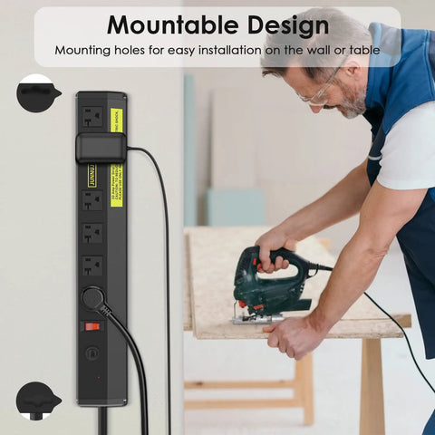 Built Tough Heavy Duty 20 Amp Power Strip With 6 Widely Spaced Outlets High Amp Surge Protector Industrial Workshop Power Strip 6 20R T Slot Circuit Breaker 12 Gauge 6ft Cord For High Current Tools mounted on workbench.