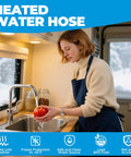 Heated water hose for RV; woman in camper kitchen washing a tomato under a blue banner