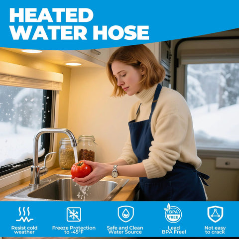 Heated water hose for RV; woman in camper kitchen washing a tomato under a blue banner