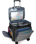 Open Rolling Teacher Tote Bag With Accordion File Organizer and Fifteen Point Six Inch Laptop Compartment showing interior compartments.