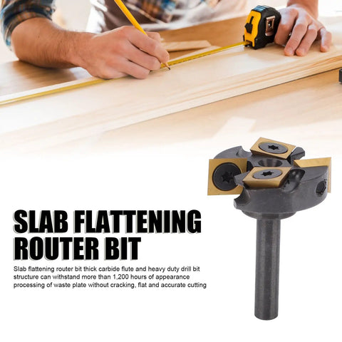 Heavy Duty Slab Flattening Router Bit With 1/4 Inch Shank And Tungsten Carbide Build For CNC Surfacing And Woodworking Projects Plus Four Tis Coated Inserts Included with measuring tape.