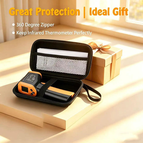 Digital Infrared Temperature Gun For Cooking With Backlit Display And Auto Shutoff in zip case on table, orange and black