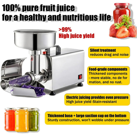 Fresh 450 Watt Electric Tomato Sauce Maker With Powerful Motor For Smooth Strawberry Jam And Puree, stainless steel design for durability.