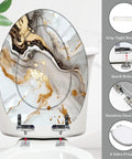 Elongated Toilet Seat White for Bathroom with marble design, measuring 14.5" x 18.5", featuring adjustable hinge.