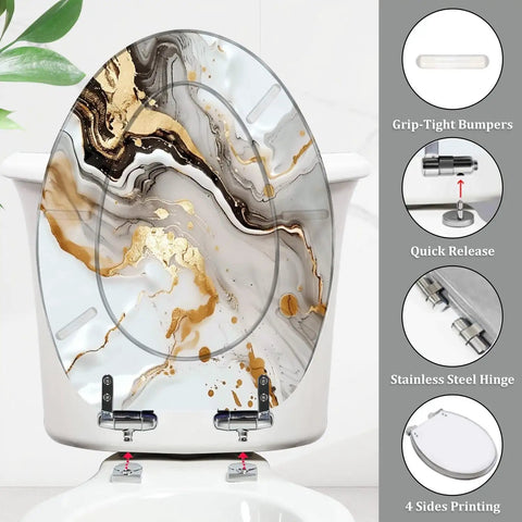 Elongated Toilet Seat White for Bathroom with marble design, measuring 14.5" x 18.5", featuring adjustable hinge.