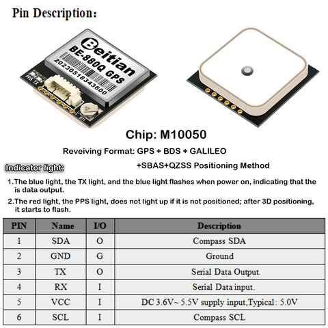 BE-880Q GPS Module With Flash Memory And QMC5883L Compass, top view showing pin description and chip details