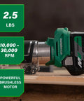 Close-up of 18V Cordless Trim Router With Beast Mode Variable Speed 10,000 To 30,000 RPM Pro Grade Lightweight Body