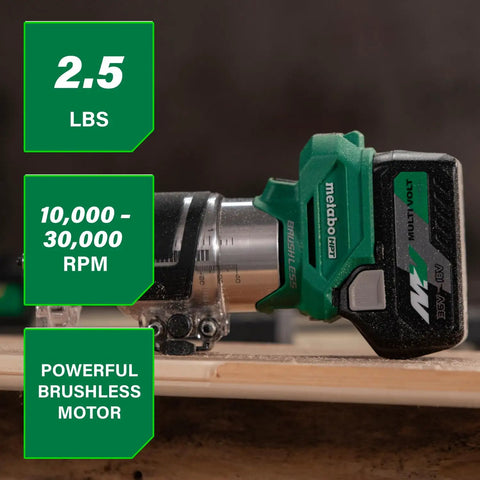 Close-up of 18V Cordless Trim Router With Beast Mode Variable Speed 10,000 To 30,000 RPM Pro Grade Lightweight Body