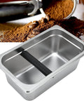 Boss Move Stainless Steel Coffee Knock Box For Espresso Pro Barista Gear Large Capacity with a black handle and smooth interior.
