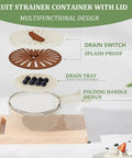 Exploded view of fruit strainer container with lid, showing drain switch, tray, and handle. Two Pack Multifunctional Fruit Washing Bowl With Strainer 2 In 1 Drain Basket And Fruit Strainer Container With Lid Great For Kitchen Fridge Picnics And Camping Keeps Fruits Crisp And Ready For Grab And Go Salads Or Snacking.