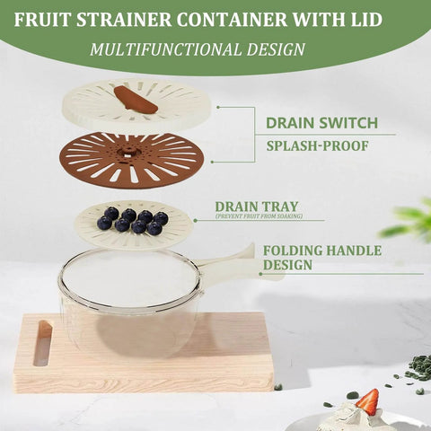 Exploded view of fruit strainer container with lid, showing drain switch, tray, and handle. Two Pack Multifunctional Fruit Washing Bowl With Strainer 2 In 1 Drain Basket And Fruit Strainer Container With Lid Great For Kitchen Fridge Picnics And Camping Keeps Fruits Crisp And Ready For Grab And Go Salads Or Snacking.