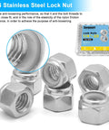 Top Shelf 112 Pack 1/4 20 Hex Lock Nuts Cut From Pure 304 Stainless Steel Featuring Nylon Inserts for anti-vibration grip.