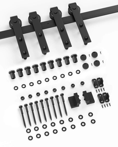 13 Ft Barn Door Hardware Kit For Double Doors, Sliding Track System For Cabinets And Closets shown with black steel components