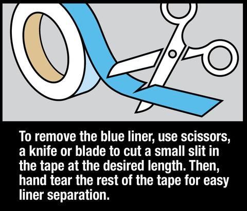Illustration of removing blue liner from Blue Double Sided Duct Tape Roll 1.4 Inch By 12 Yards with scissors.