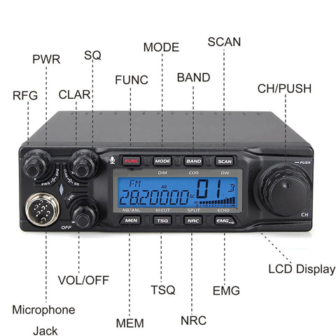 Heavy Duty 80W Ham Radio For Truckers And Road Warriors, front panel with control buttons, knobs, and LCD display visible