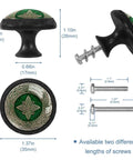 4 Pack Dope Celtic National Art Drawer Knobs Cabinet Hardware With Crystal Glass Surface And 3D Pattern On A Stainless Steel Base Easy To Install For Dresser Cabinets And Furniture Makeovers, shown with dimensions and screws.