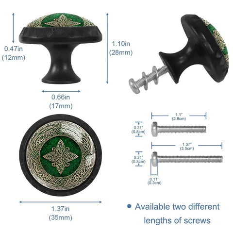 4 Pack Dope Celtic National Art Drawer Knobs Cabinet Hardware With Crystal Glass Surface And 3D Pattern On A Stainless Steel Base Easy To Install For Dresser Cabinets And Furniture Makeovers, shown with dimensions and screws.