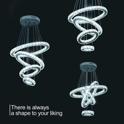 Dope Four Ring Crystal LED Chandelier With Adjustable Pendant Light In Chrome 6000K Cool White, variety of configurations