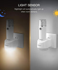 3 Pack Emergency Flashlight And Night Light Kit showing light sensor functionality with dual light mode, dark and light settings displayed.