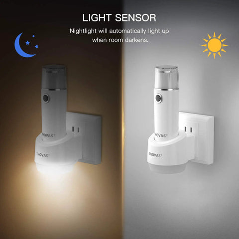 3 Pack Emergency Flashlight And Night Light Kit showing light sensor functionality with dual light mode, dark and light settings displayed.