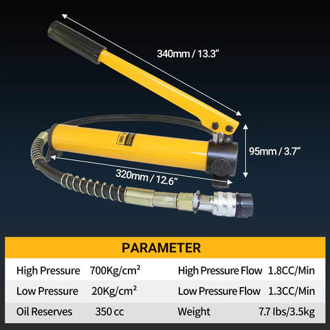 20 Ton Hydraulic Cylinder Jack, Heavy Duty Porta Power Ram With Hand Pump, showing dimensions and parameters for auto repair use.