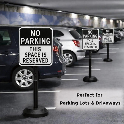 Workhorse 6 Pack Heavy Duty Sign Stands With Water Filled Base 41 Inch Adjustable Portable Sign Post Holders in parking garage
