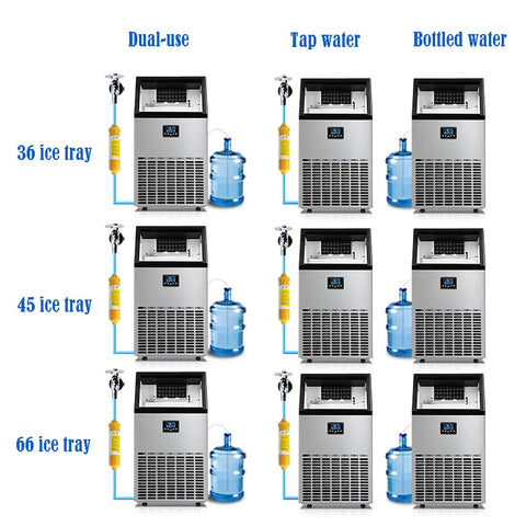 Portable Countertop Ice Cube Maker With Quiet Self Cleaning System And Sleek Led Panel showing different ice tray capacities.