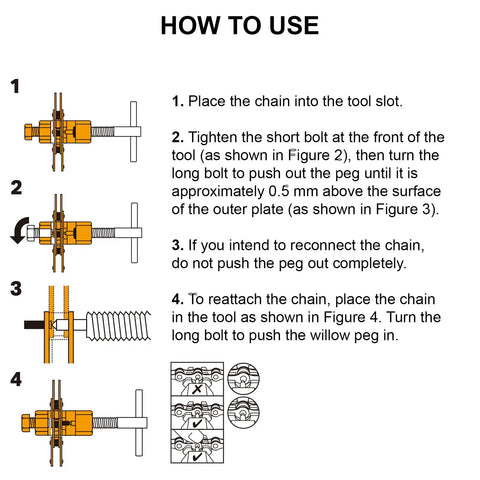 Instructions for using the Universal Bike Chain Tool Kit With Breaker And Master Link Pliers, Chain Wear Indicator, and Chain Splitter.