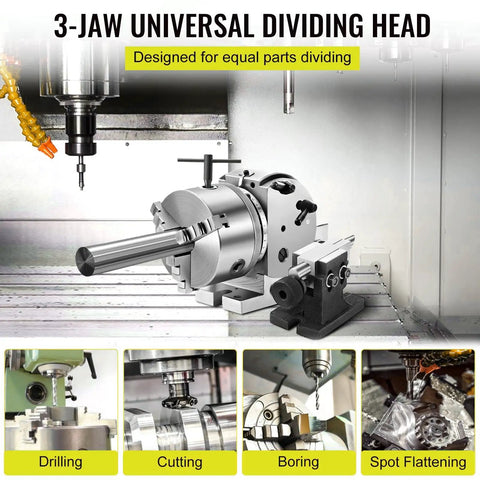 Built Like A Workhorse Universal Dividing Head With 3 Jaw Quick Release Chuck For Cnc Milling Machines And Rotary Tables Includes Hardened Tailstock And Precision Indexing Plates For Zero Hassle Operation on CNC machine, showing various operations like drilling and boring.