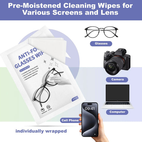 Anti-fog glasses wipes, 200-pack, pre-moistened individually wrapped lens cleaners for glasses, camera, and phone